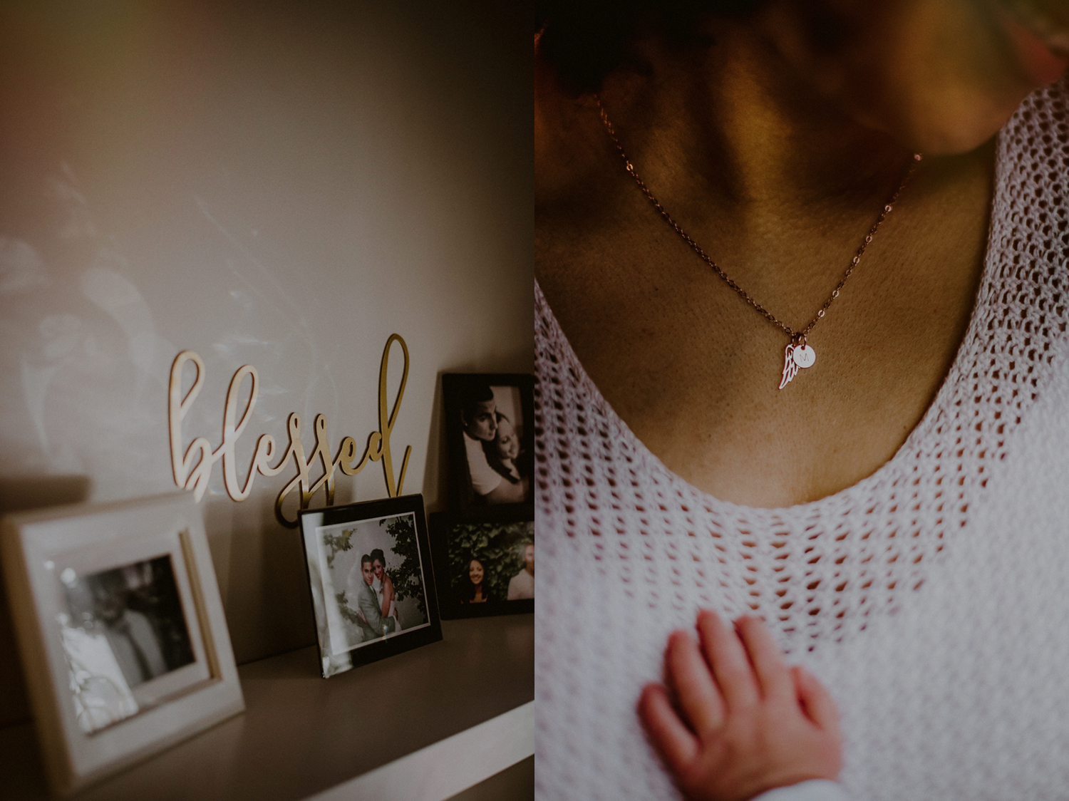 baby's hand on mother's chest juxtaposed next to blessed sign on wall