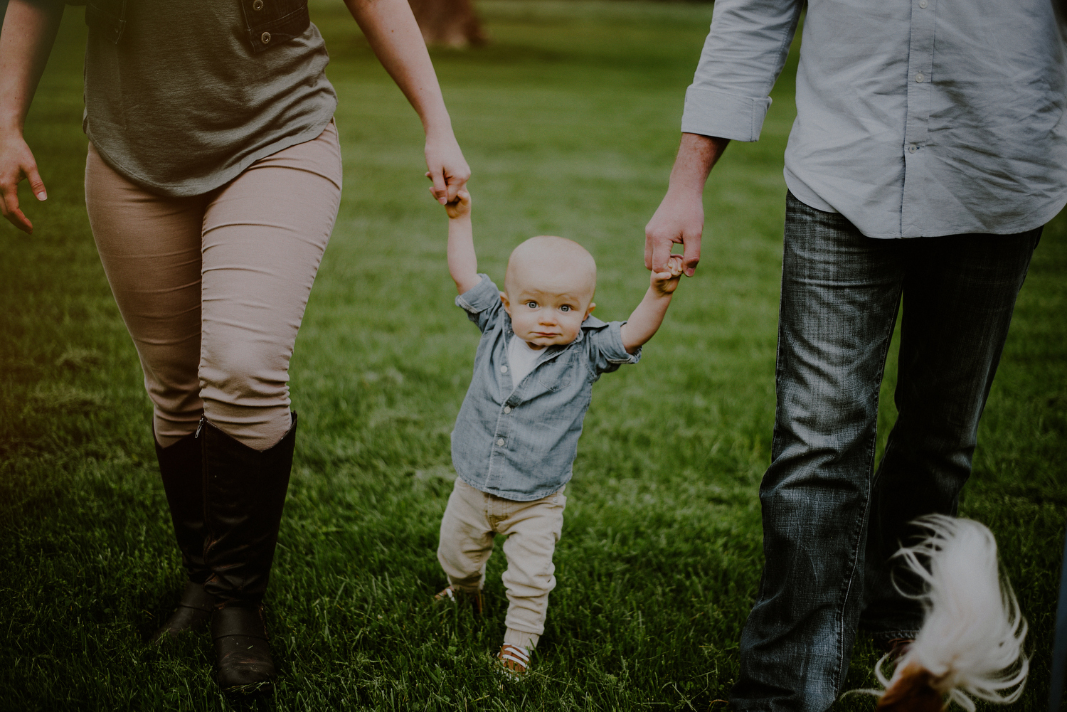 First birthday photos of toddler reaching walking milestone