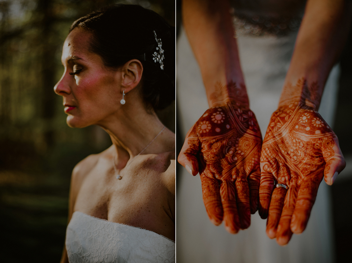 bride portrait displaying indian henna on hands