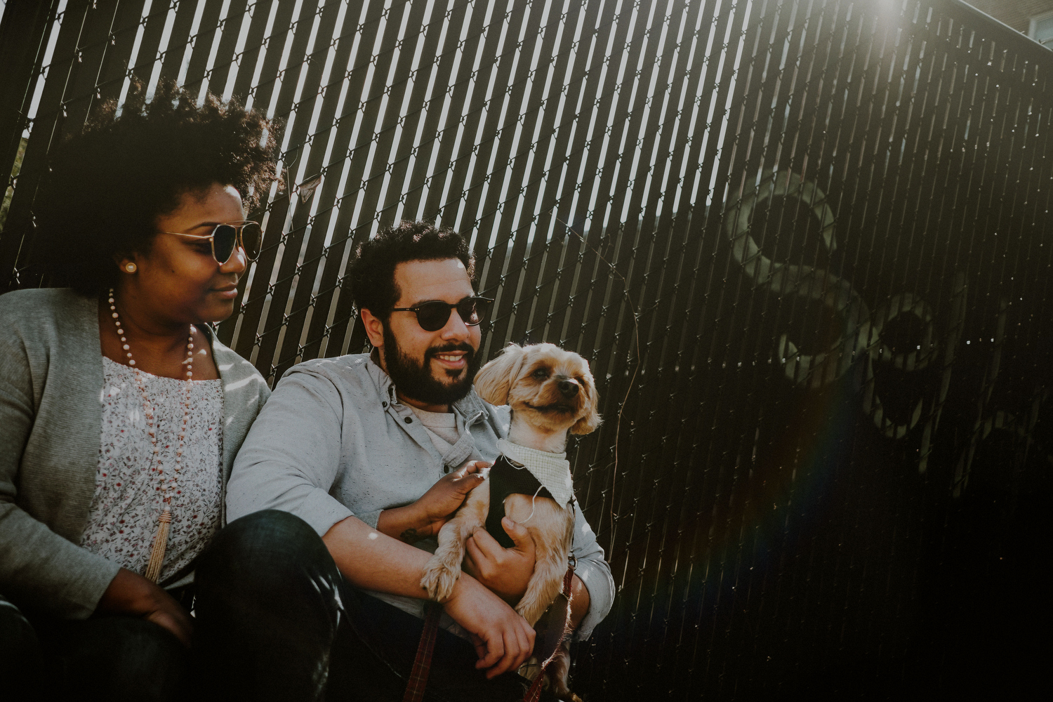 outdoor engagement pictures with couple and dog