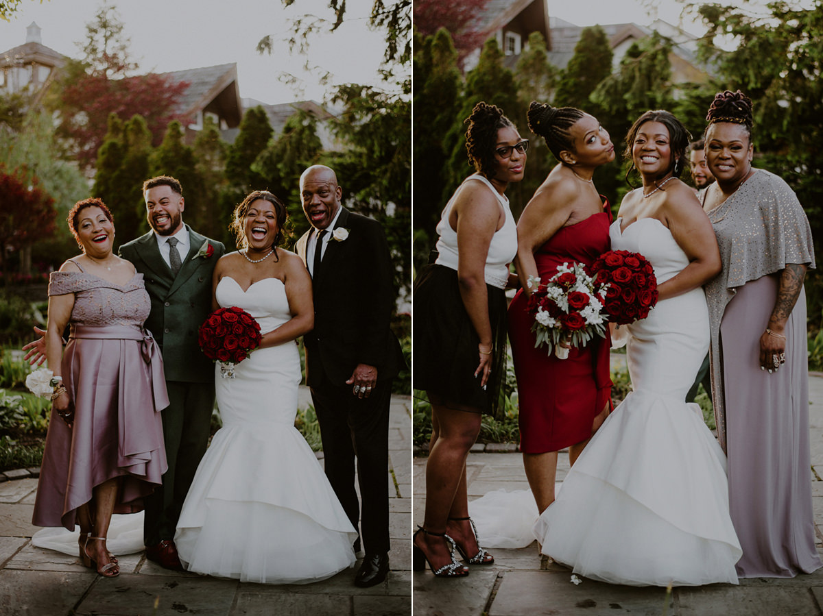 fun family wedding portraits in fox hollow wedding venue gardens