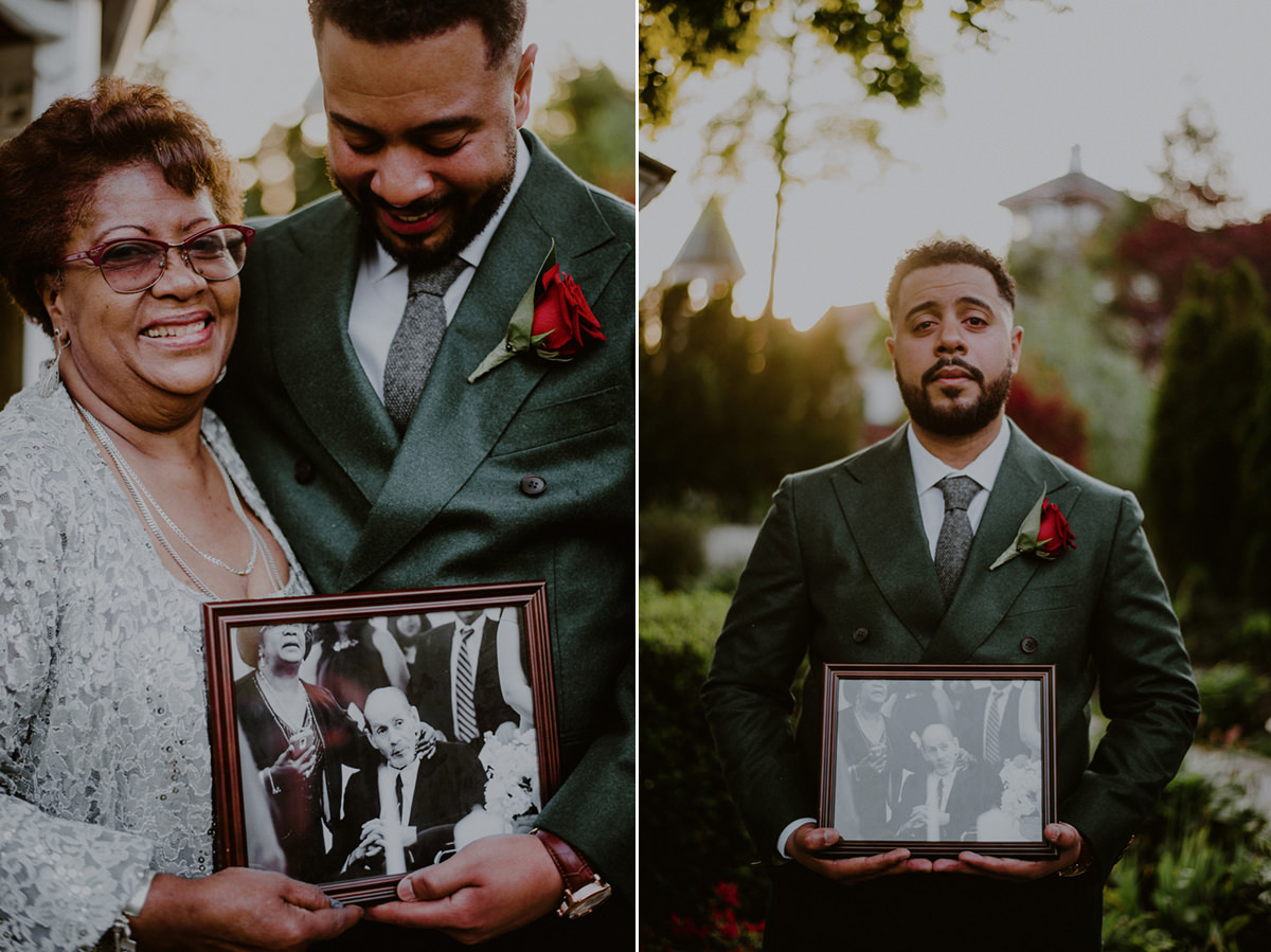 emotional family wedding portraits outside of fox hollow wedding venue gardens