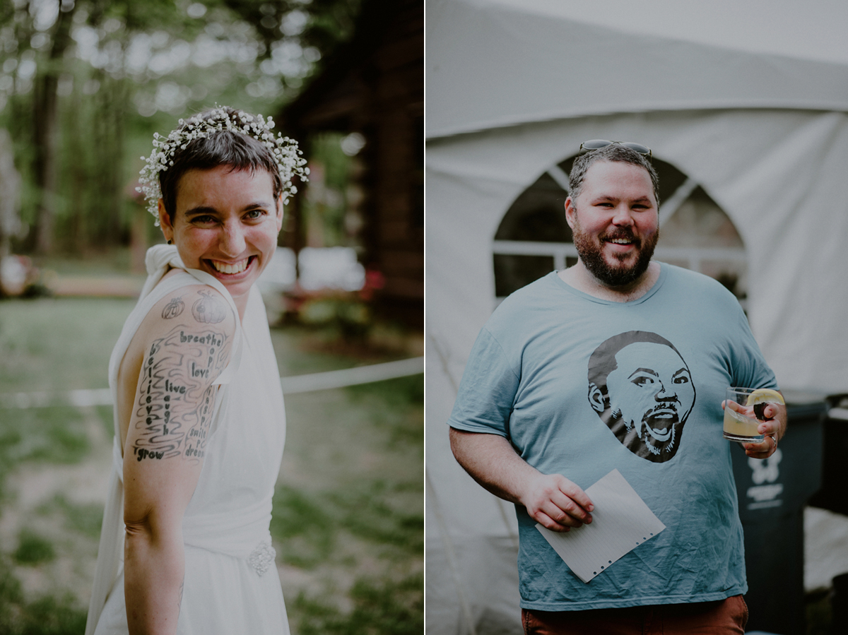 casual wedding picture of tattooed bride and groom with t-shirt