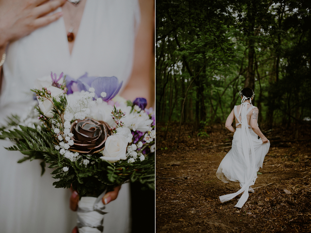 creative tattooed bride wedding photo in woods