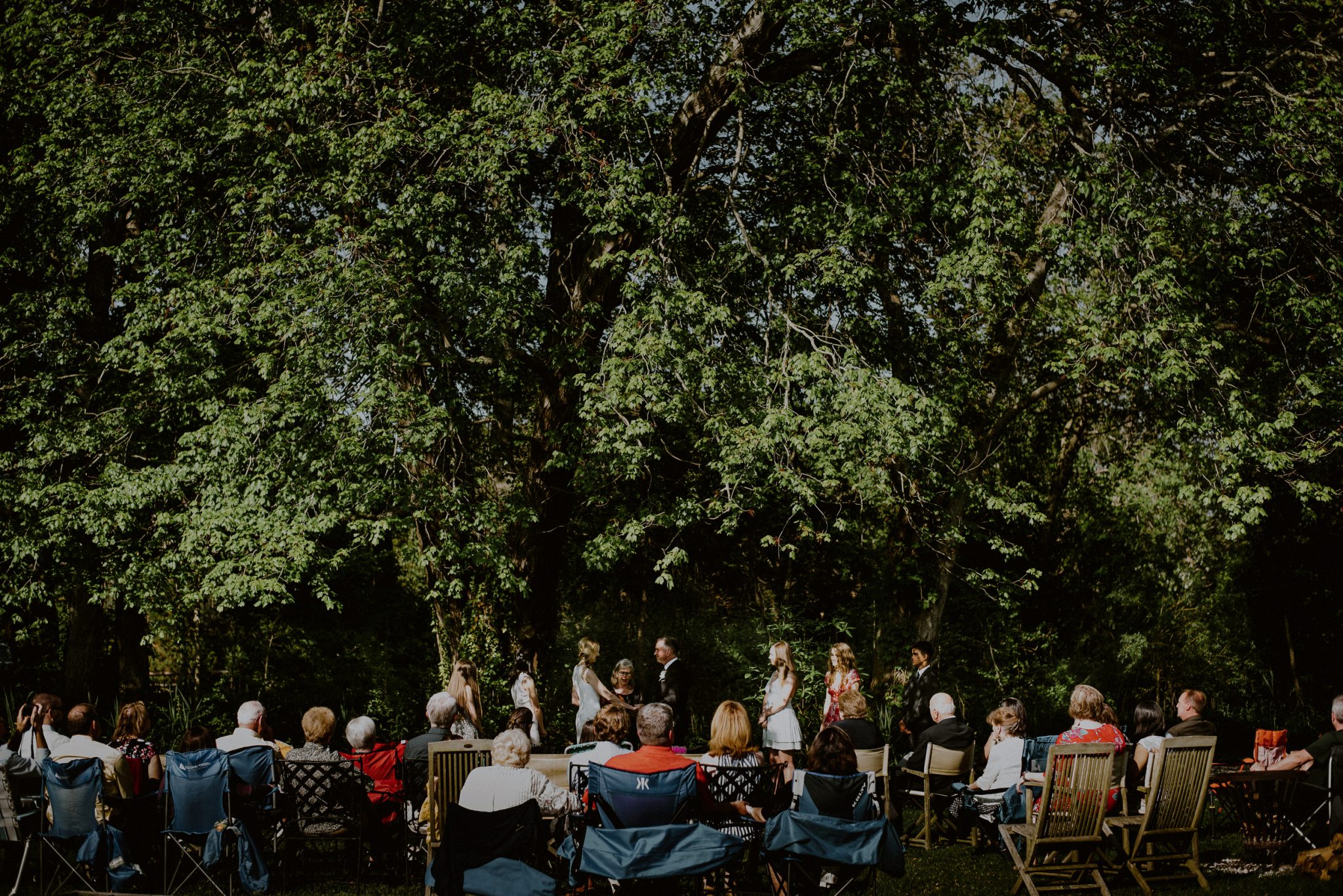 wedding ceremony gathers under tree on lawn chairs