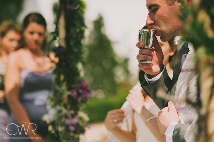 Jewish wedding ceremony at the Lake house Inn Perkasie PA: sipping wine