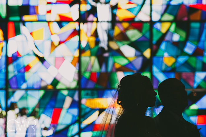 Church of Saint Margaret Morristown NJ Wedding: bride and groom in front of stained glass
