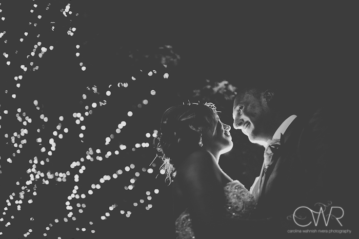 Olde Mill Inn Basking Ridge NJ Wedding: outdoor bride and groom night shot with trees lit up