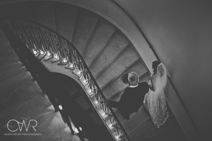 Harold Pratt House NYC Wedding: bride and father walking up stairs