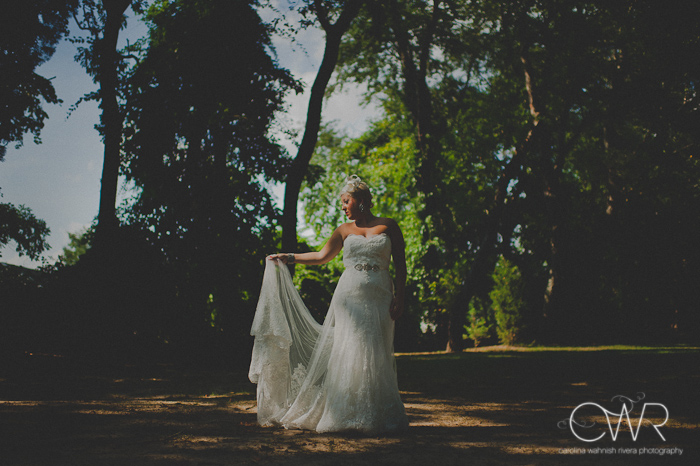 laurita winery wedding: elegant portrait of bride in woods with spot light