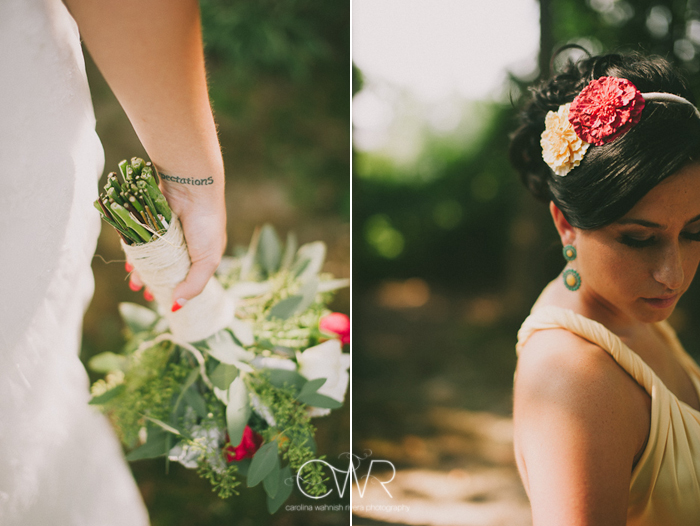 laurita winery wedding: bride with tattoo on wrist holding bouquet