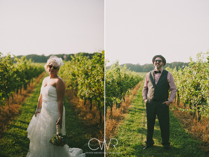laurita winery wedding: fun bride and groom portrait in vineyards with ray bans