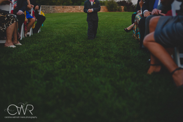 laurita winery outdoor wedding ceremony: ring bearer on lawn