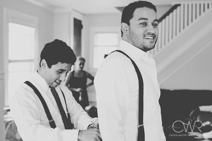 Seton hall NJ Wedding: groom and brother in suspenders