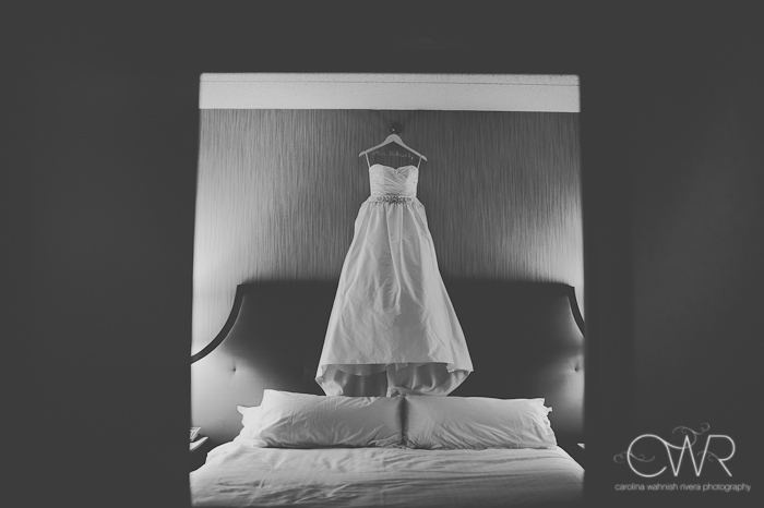 Seton Hall NJ wedding: dress hanging in hotel room