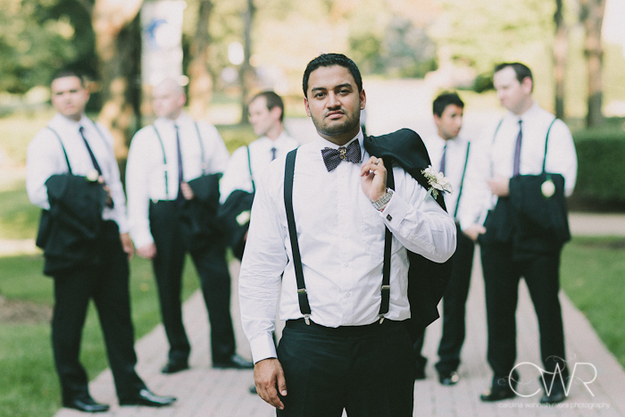 Seton Hall NJ Wedding: groomsmen in suspenders and bowties