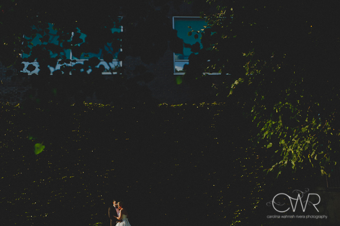 Seton Hall NJ Wedding: bride and groom in the distance, creative portrait