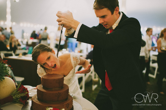 creative wedding cake cutting photo