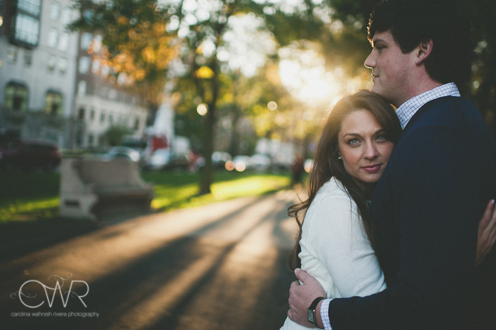 creative engagement photos of couple in Boston's back bay area