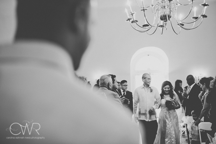 Filipino wedding photography ceremony entrance of bride and father in black and white