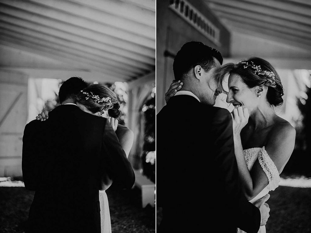 bride and groom emotional after first look at bonnet island