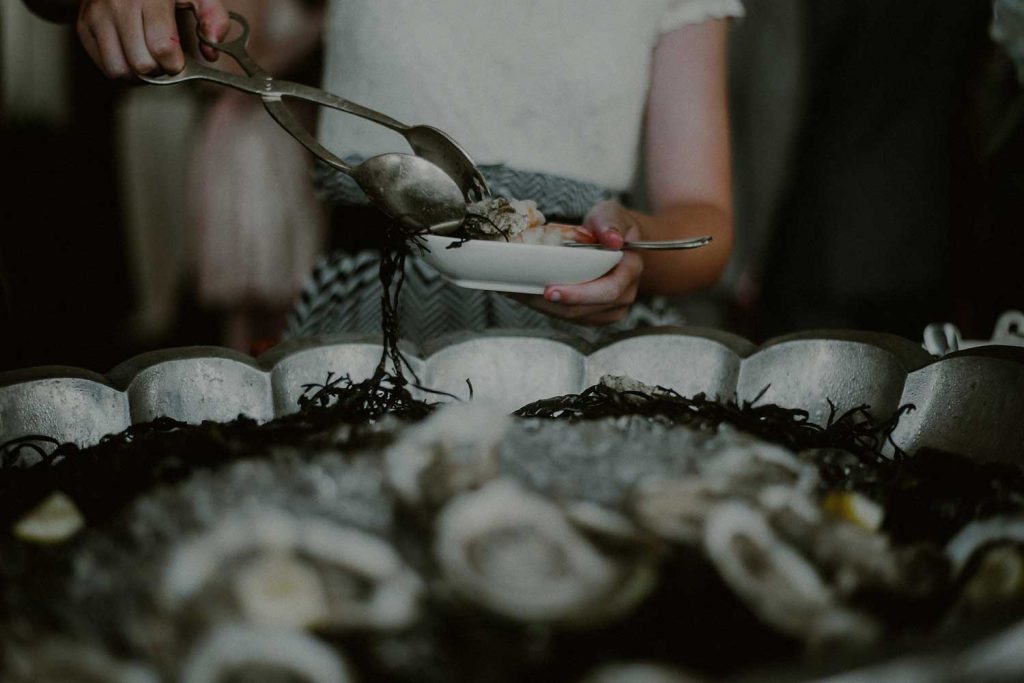 fresh summer seafood served at cocktail hour of bonnet island wedding