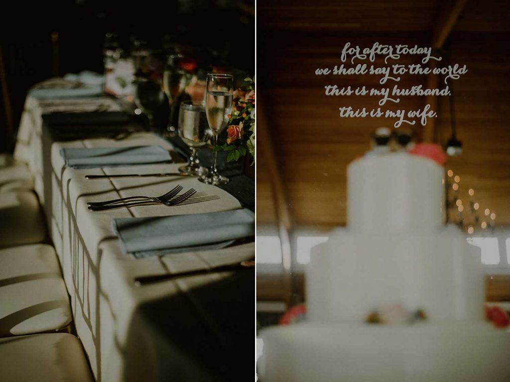 reception details enhanced by sunlight at bonnet island wedding reception