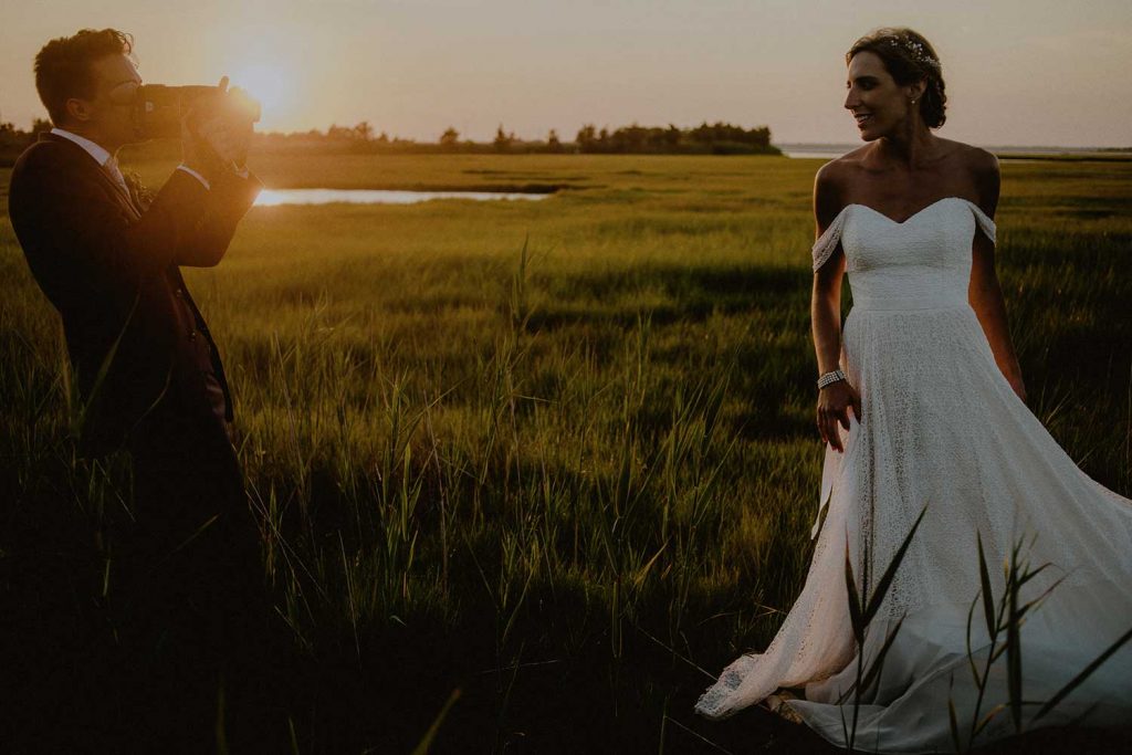 bride and groom casual sunset portraits at lbi wedding