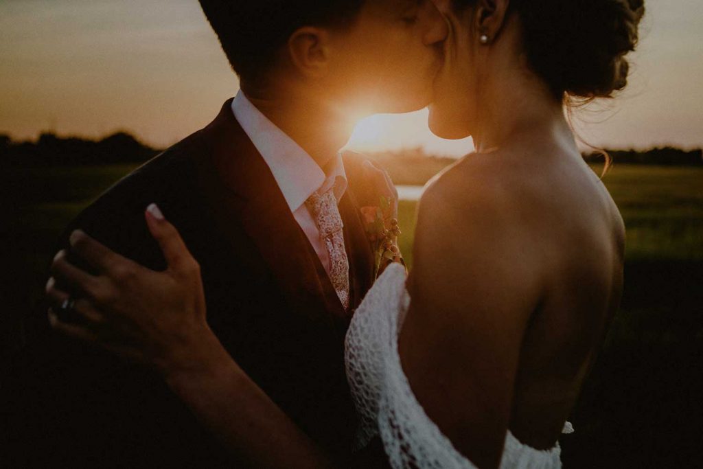 intimate bridal portrait during sunset wedding photo shoot