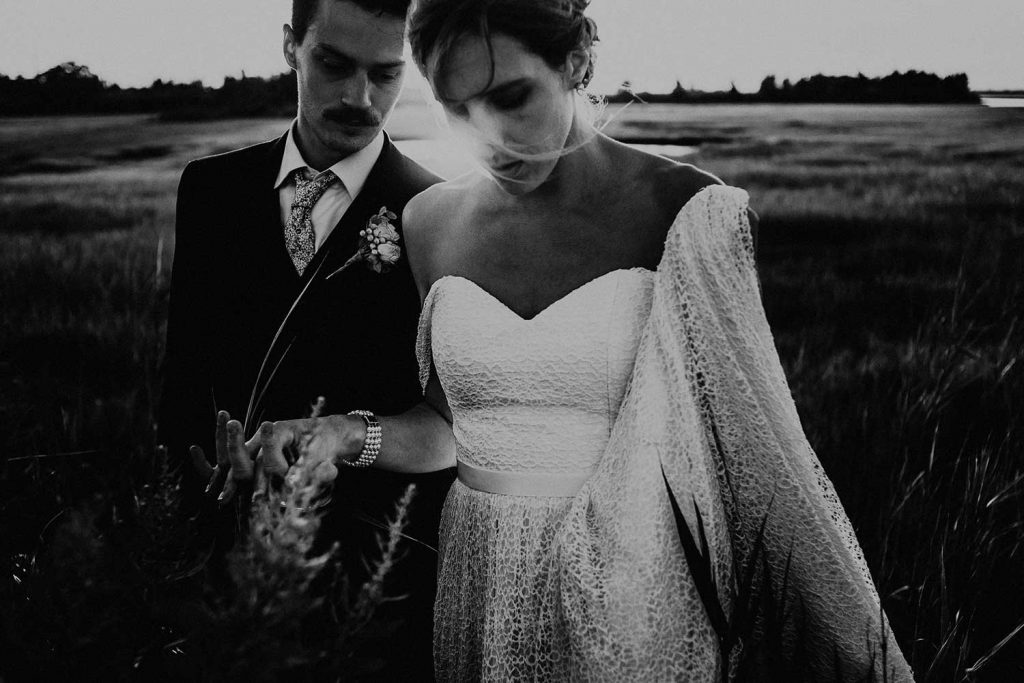 intimate wedding portrait of bride and groom at bonnet island wedding