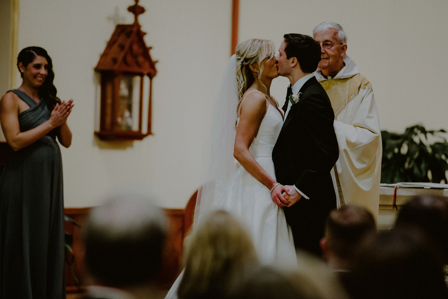 Morristown NJ church wedding bride and groom first kiss
