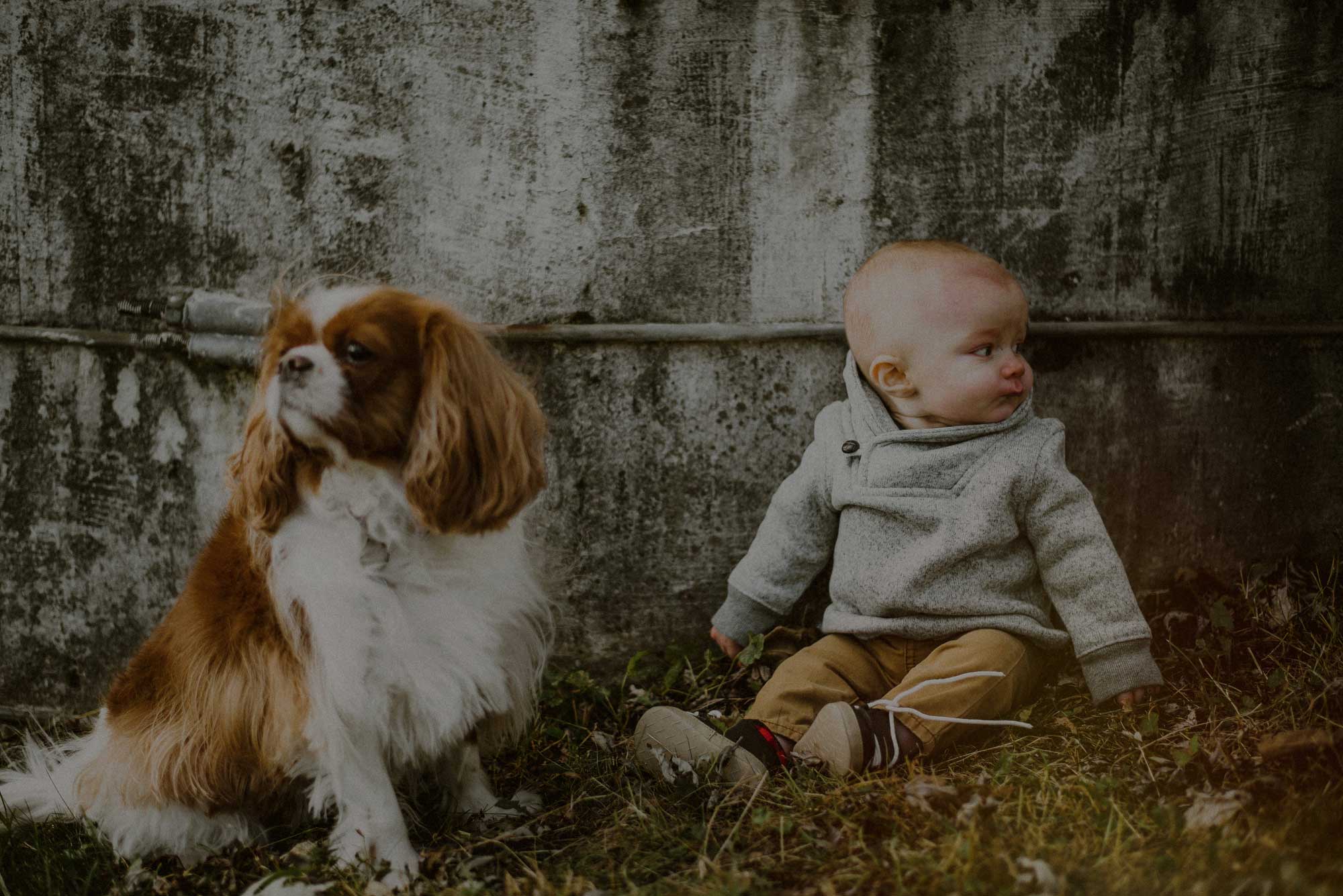 dog and baby in fall outfit
