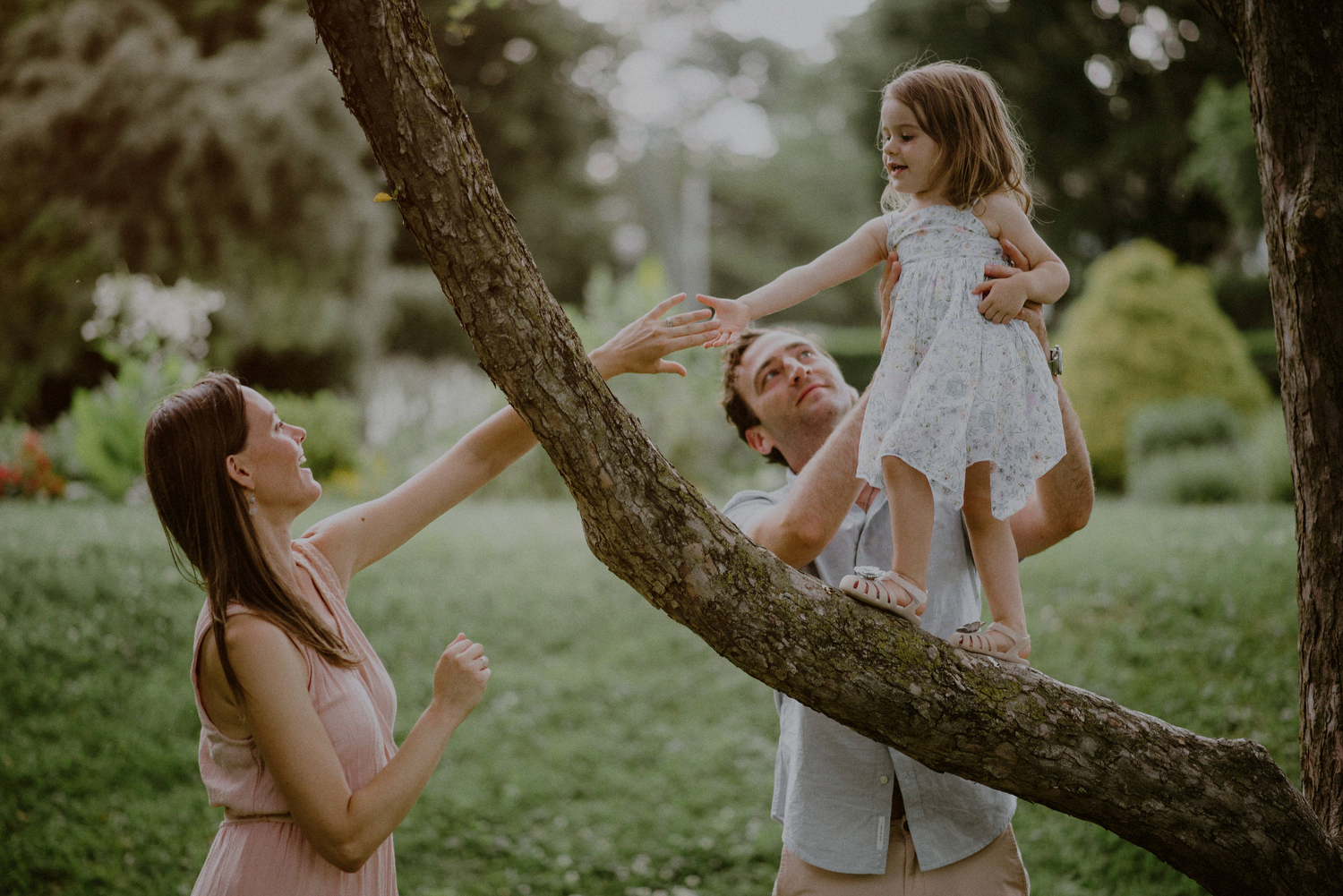 candid lifestyle photo of family interacting with toddler climbing tree