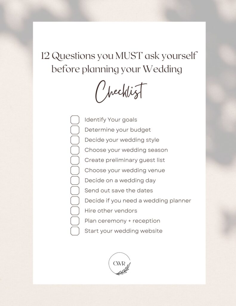 Pre-Wedding Planning infographic of questions to ask yourself before wedding planning