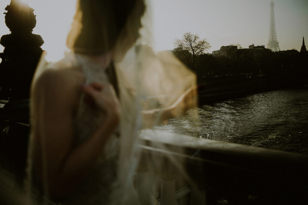 fine art style wedding photo of bride in foreground overlooking eiffel tower in paris