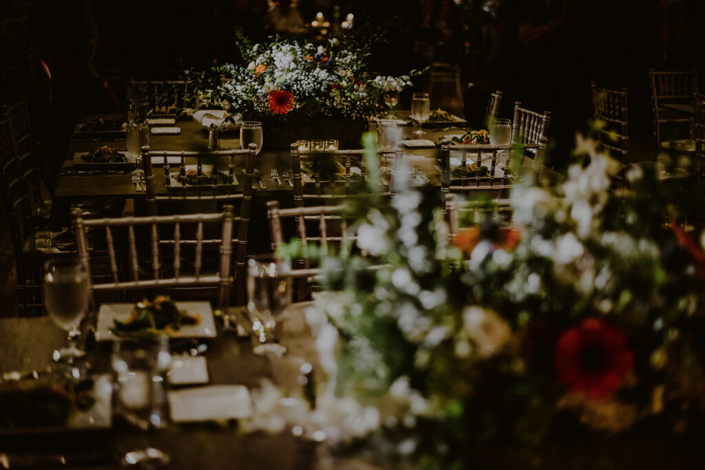 industrial wedding reception details at factory 220