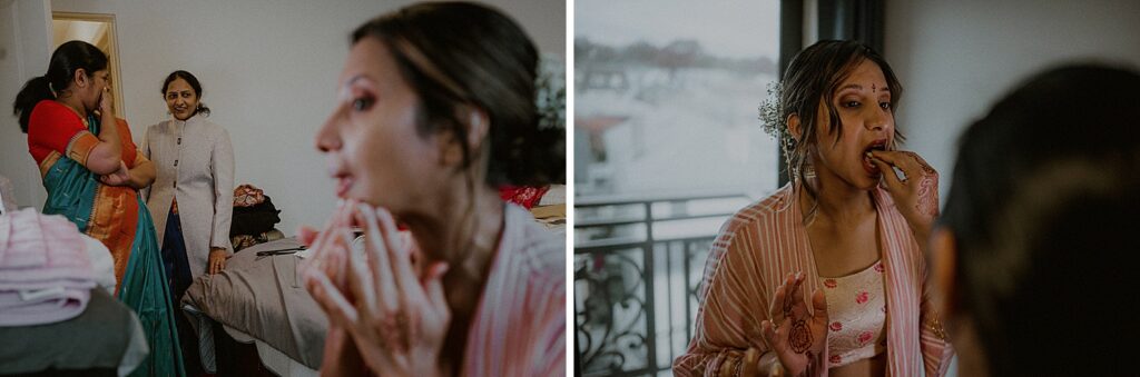 bride getting ready for wedding with family members looking and feeding her