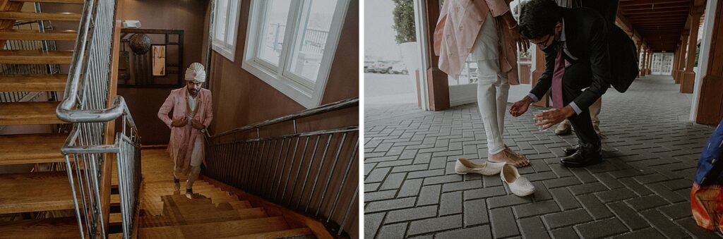 groom entering liberty house wedding venue and taking off shoes