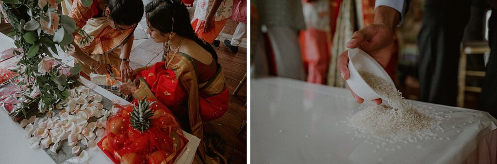 guests and family prepare mandap for indian wedding ceremony