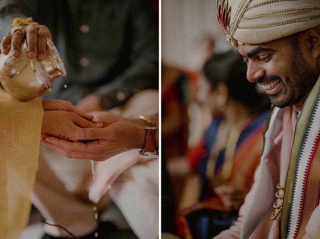 ritual hand washing during indian wedding ceremony and groom smiling