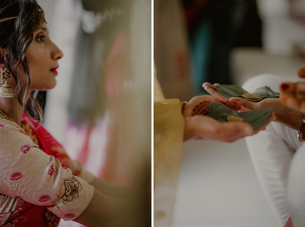 tradition during indian wedding ceremony with leaves on hands of bride and groom