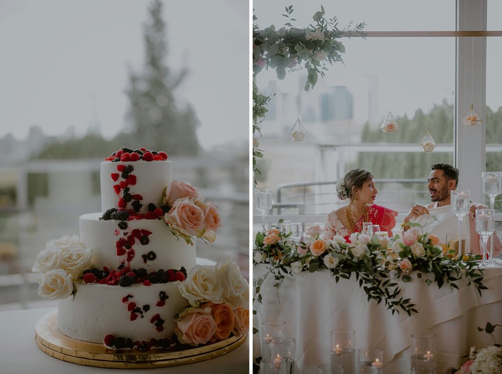 wedding cake decorated with fruit and bride and groom sweetheart table at wedding luncheon