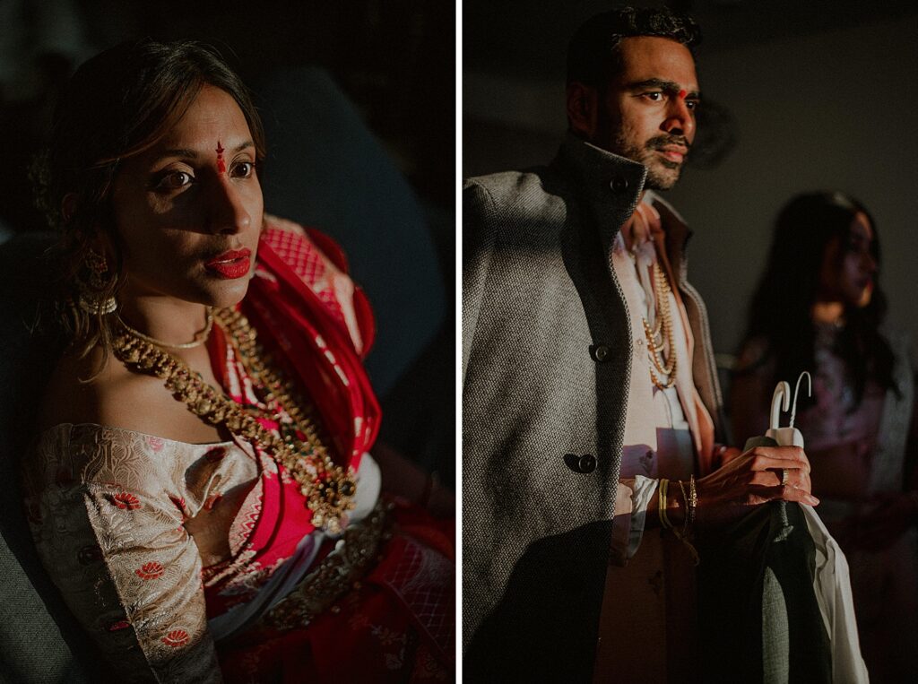 bride and groom candid moment in harsh sunlight