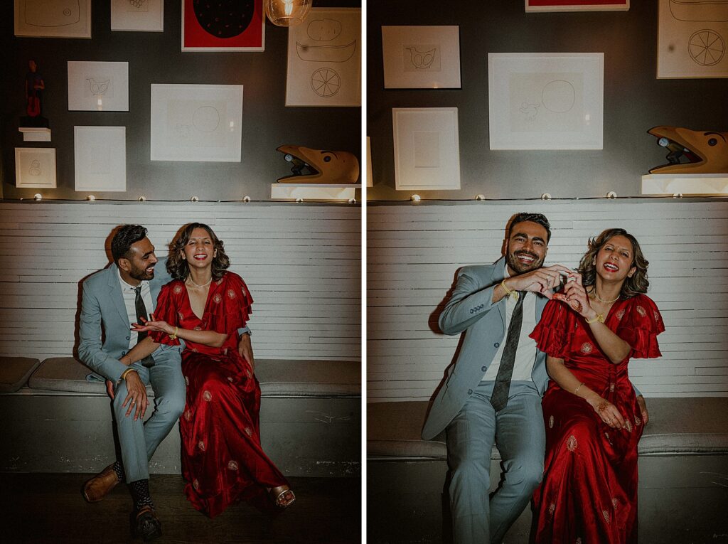 bride and groom silly wedding portraits making a heart with hands