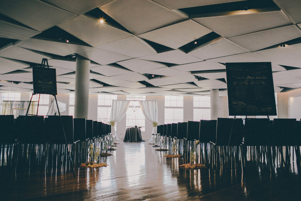 indoor ceremony space at maritime parc highlighting the geometric black and white ceiling