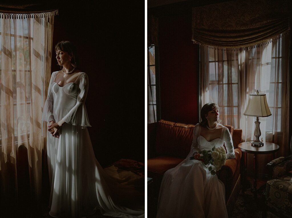 bride posed by window in a calm and introspective pose