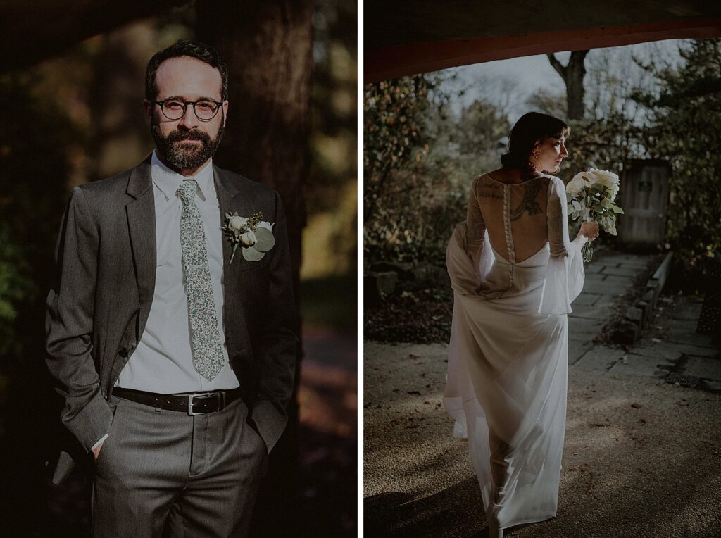 portrait of groom and bride in the woods