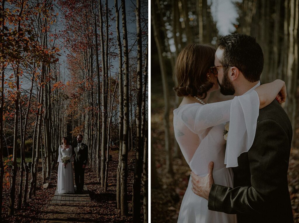 moody portrait of bride and groom amongst birch trees
