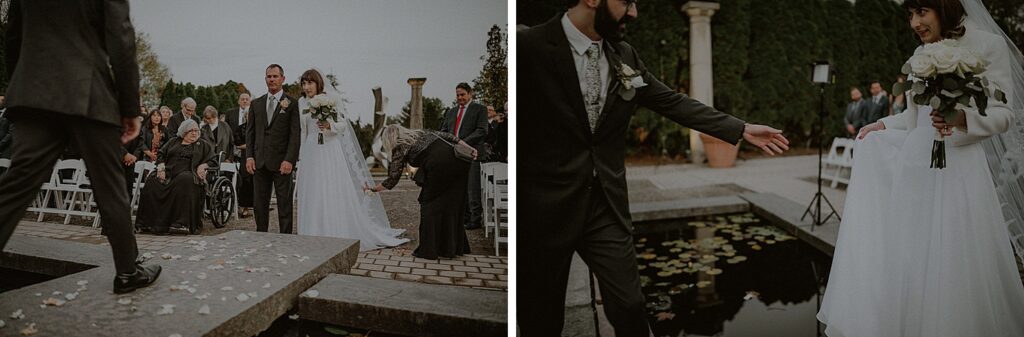 bride and father walking into ceremony space at groom's foot reaching out to grab bride