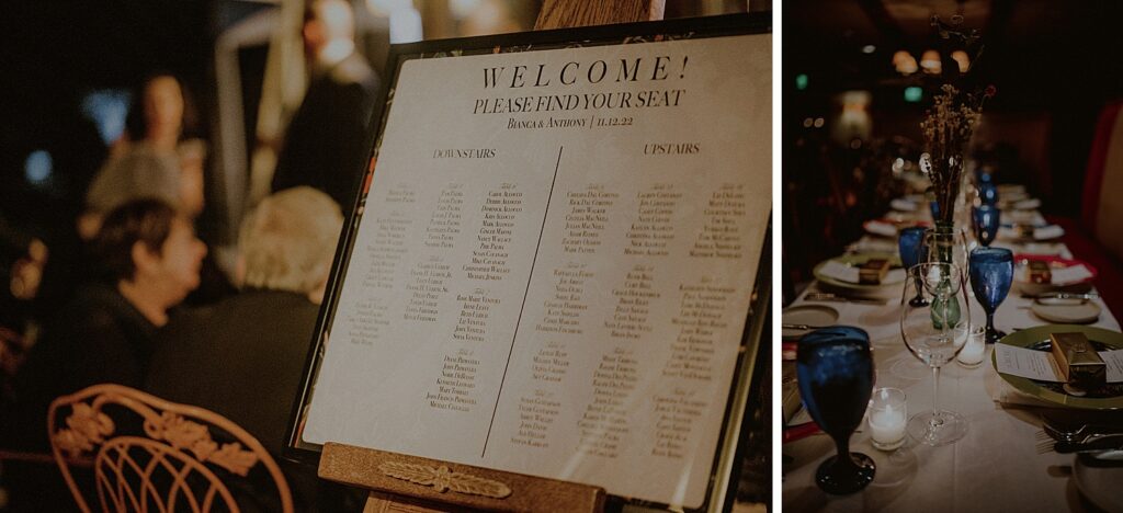 welcome board and seating chart at wedding reception and tablescape at restaurant